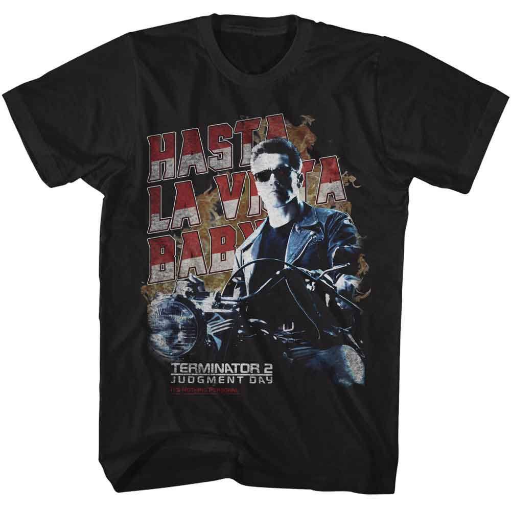 Black Terminator 2 t-shirt featuring a Hasta La Vista Motorcycle design