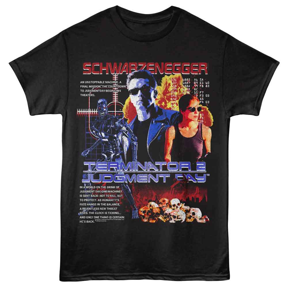 Black Terminator 2 t-shirt featuring a Judgment Day Explosive Collage design