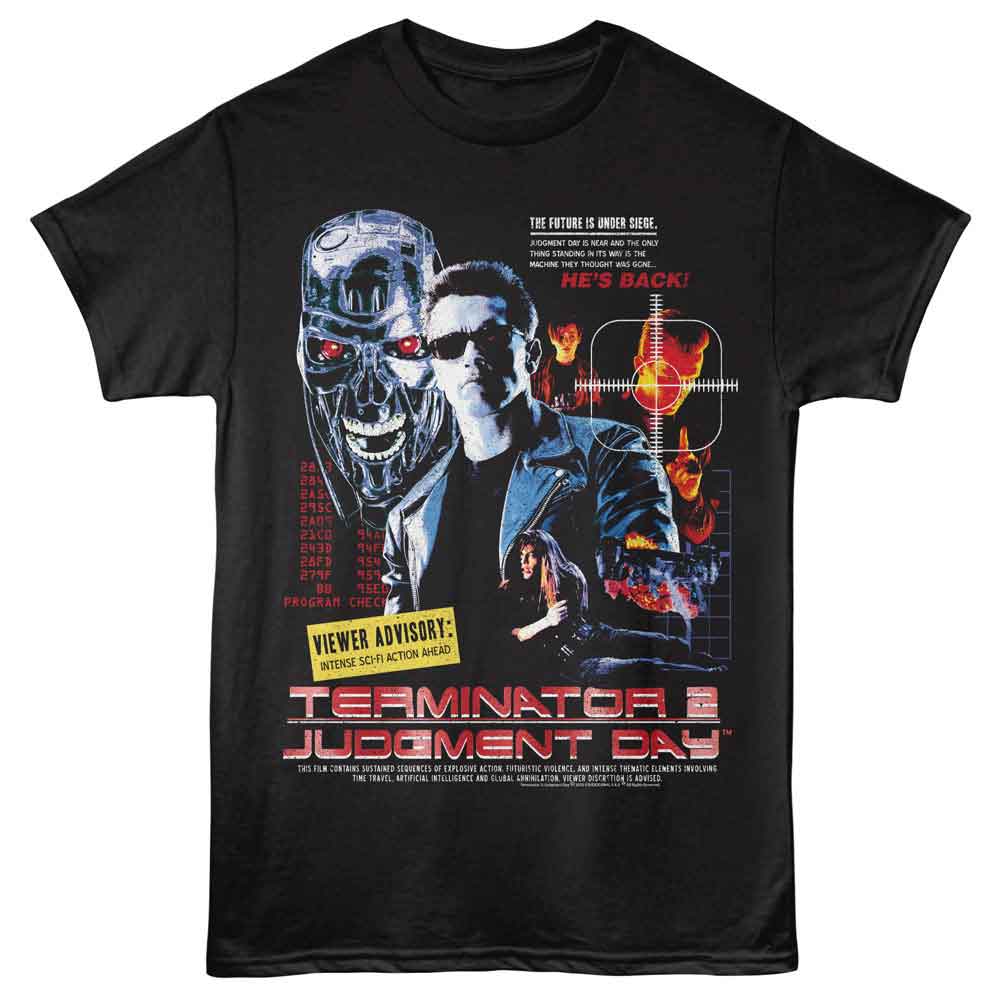 Black Terminator 2 t-shirt featuring a Viewer Advisory Collage design