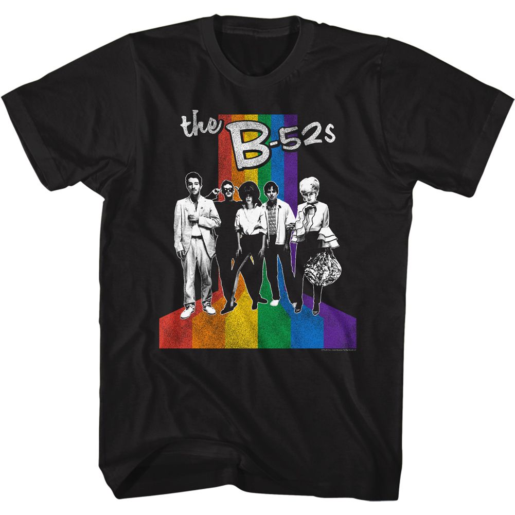Black The B-52's t-shirt featuring a Band and Rainbow design