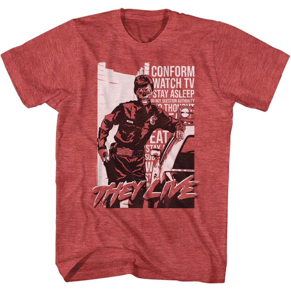 Red Heather They Live t-shirt featuring a Cop and Car design