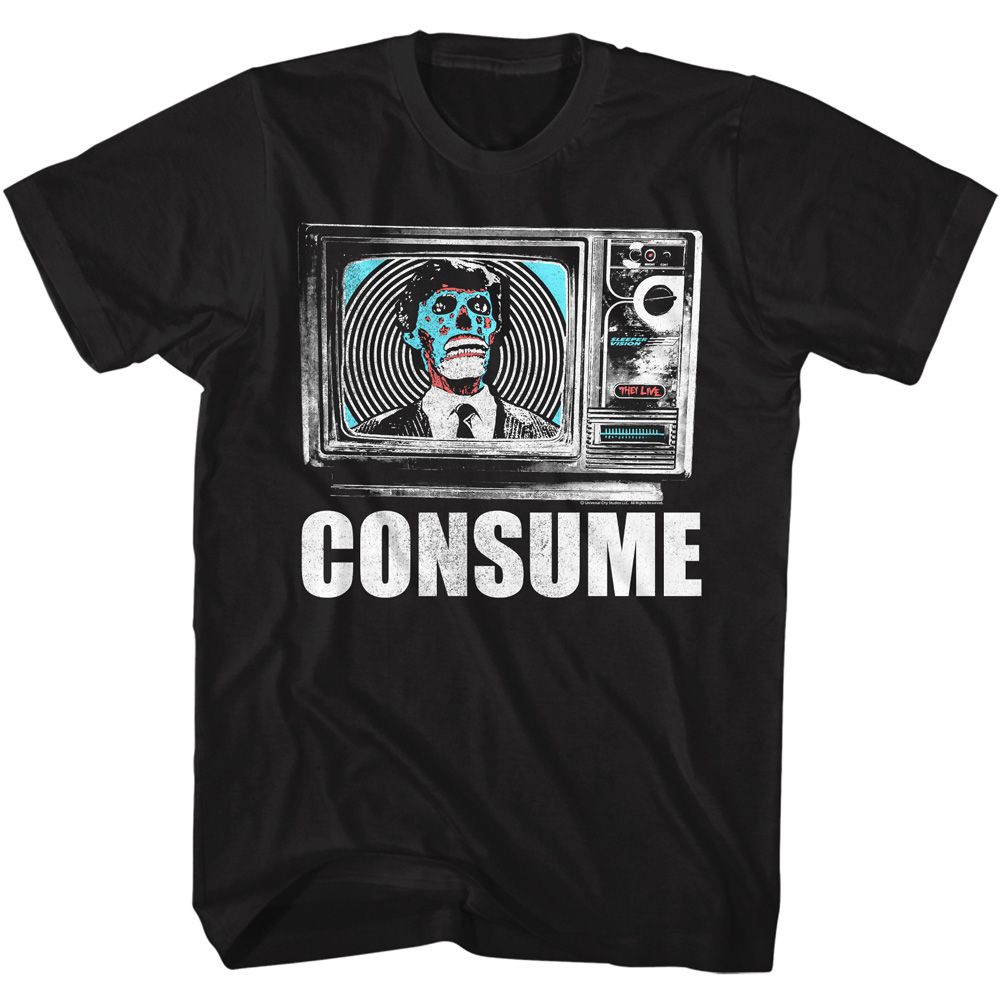 Black They Live t-shirt featuring a CONSUME design