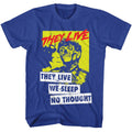 Royal Blue They Live t-shirt featuring a WE SLEEP design