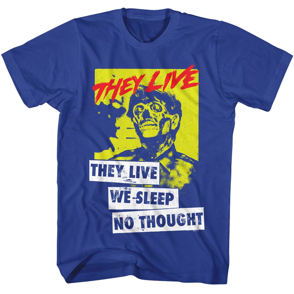 Royal Blue They Live t-shirt featuring a WE SLEEP design