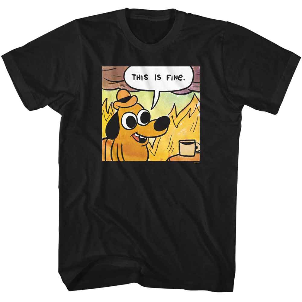 Black This Is Fine t-shirt featuring a This Is Fine first panel design