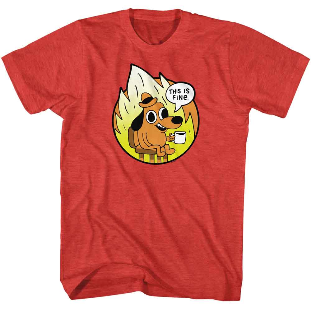 Red Heather This Is Fine t-shirt featuring a This Is Fine circle emblem design