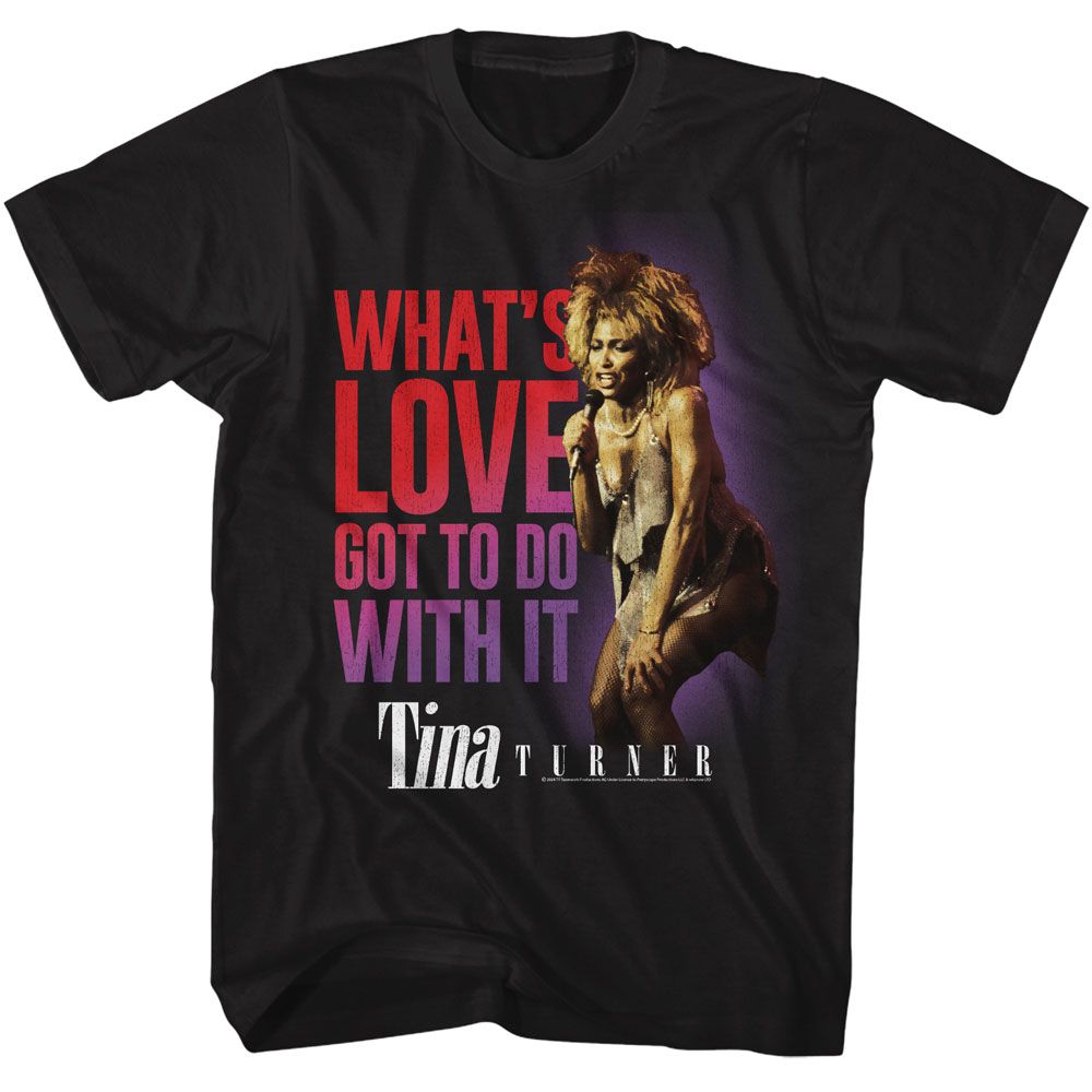 Black Tina Turner t-shirt featuring a What's Love Got to Do with It design