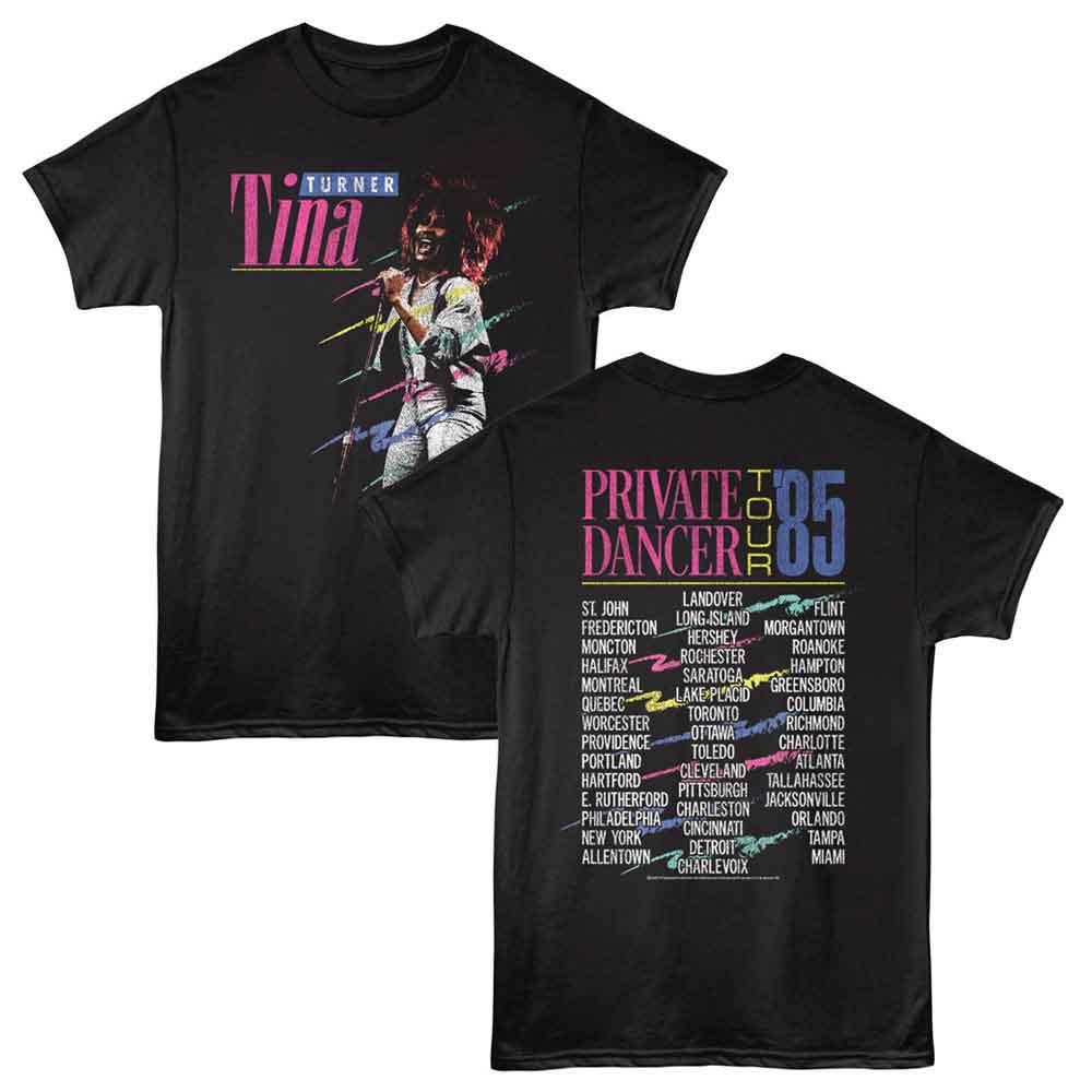 Black Tina Turner t-shirt featuring a Private Dancer Tour 85 design