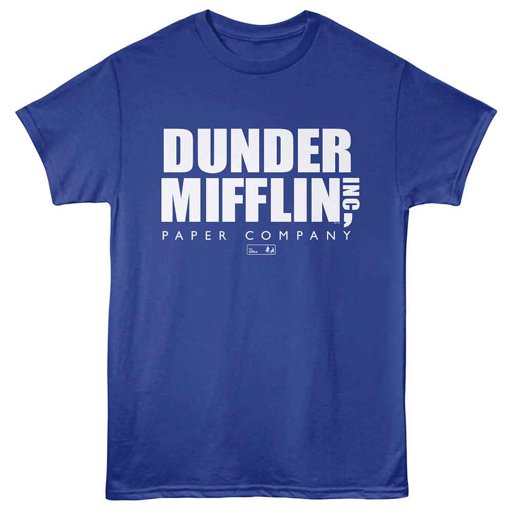 Royal Blue The Office t-shirt featuring a Dunder Mifflin logo design