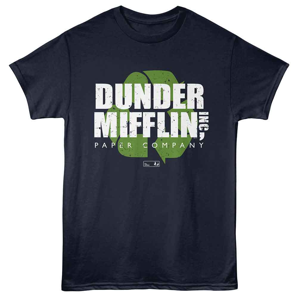 Navy The Office t-shirt featuring a Dunder Mifflin Recycle design