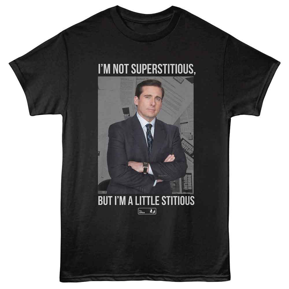 Black The Office t-shirt featuring a The Office The Office a Little Stitious design