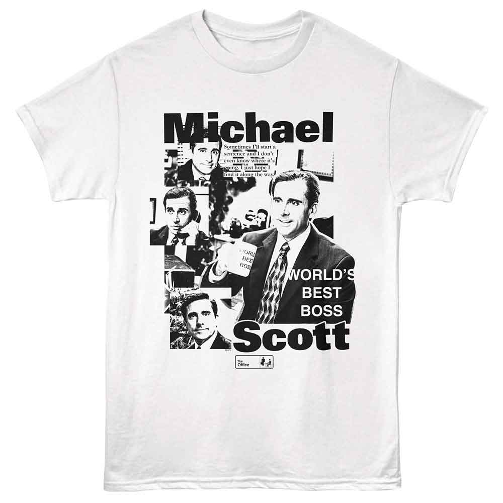White The Office t-shirt featuring a The Office The Office Michael Photo Collage design