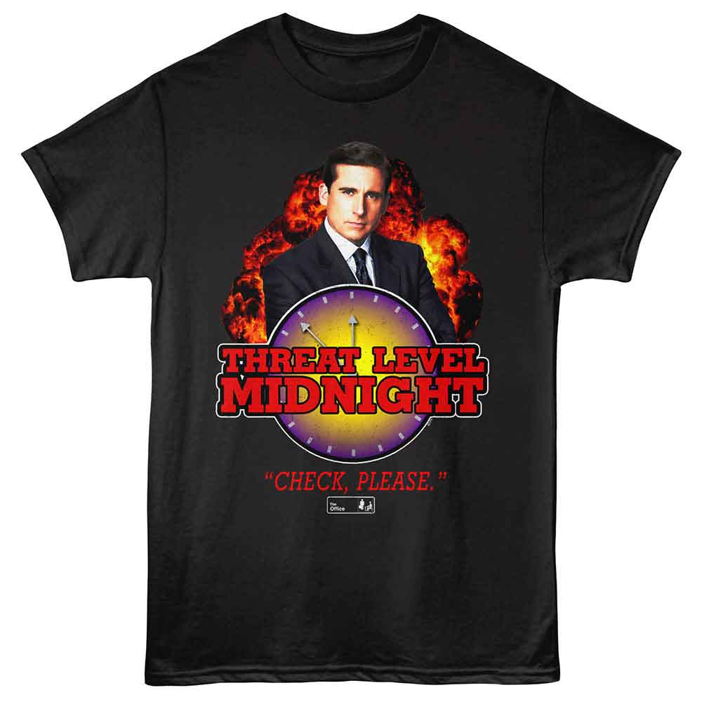 Black The Office t-shirt featuring a Threat Level Midnight design