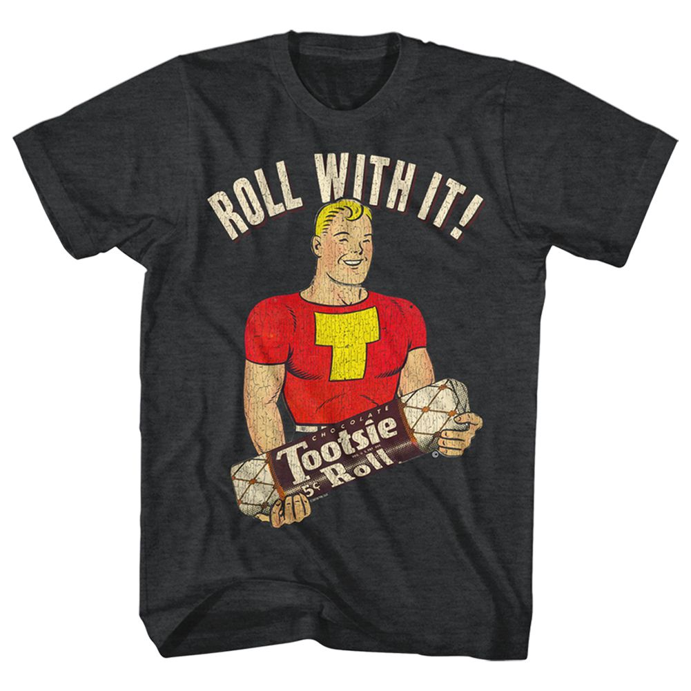 Black Heather Tootsie Roll t-shirt featuring a Let Me Roll It design