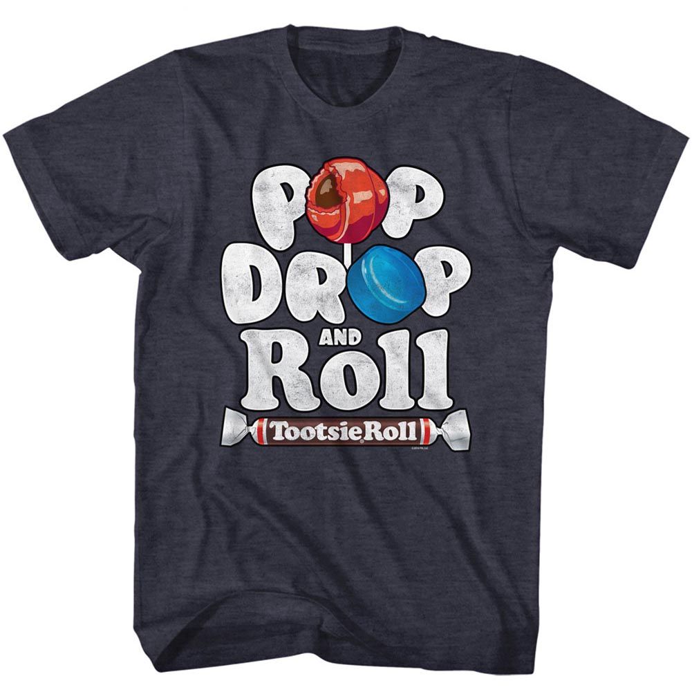 Navy Heather Tootsie Roll t-shirt featuring a Pop Drop Roll design