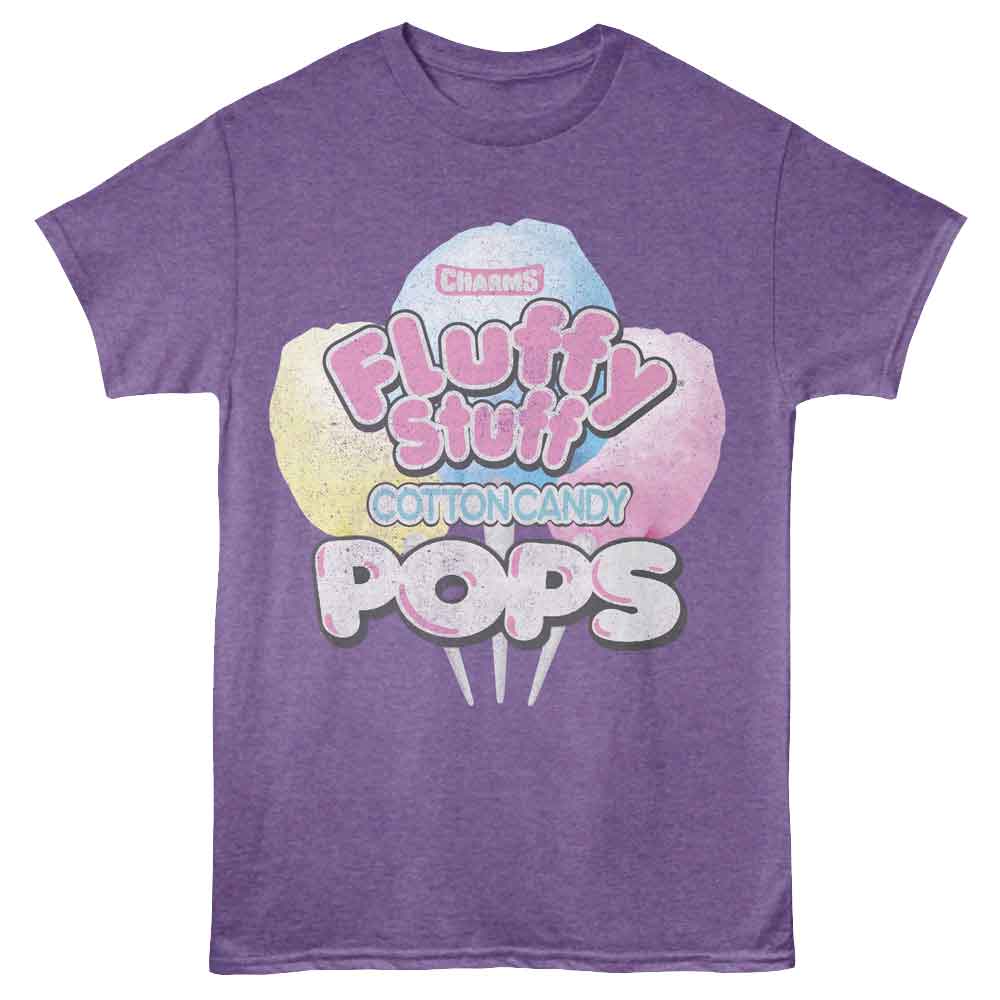 Purple Heather Fluffy Stuff t-shirt featuring a Cotton Candy Pops design