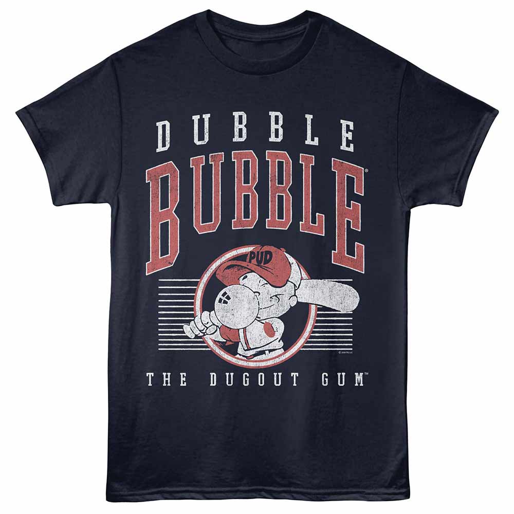 Navy Dubble Bubble t-shirt featuring a Varsity Pud design