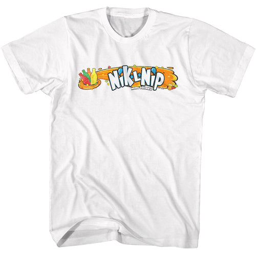 White Nik-L-Nip t-shirt featuring a Logo design