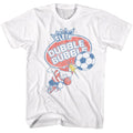 White Dubble Bubble t-shirt featuring a Pud Playing Soccer design