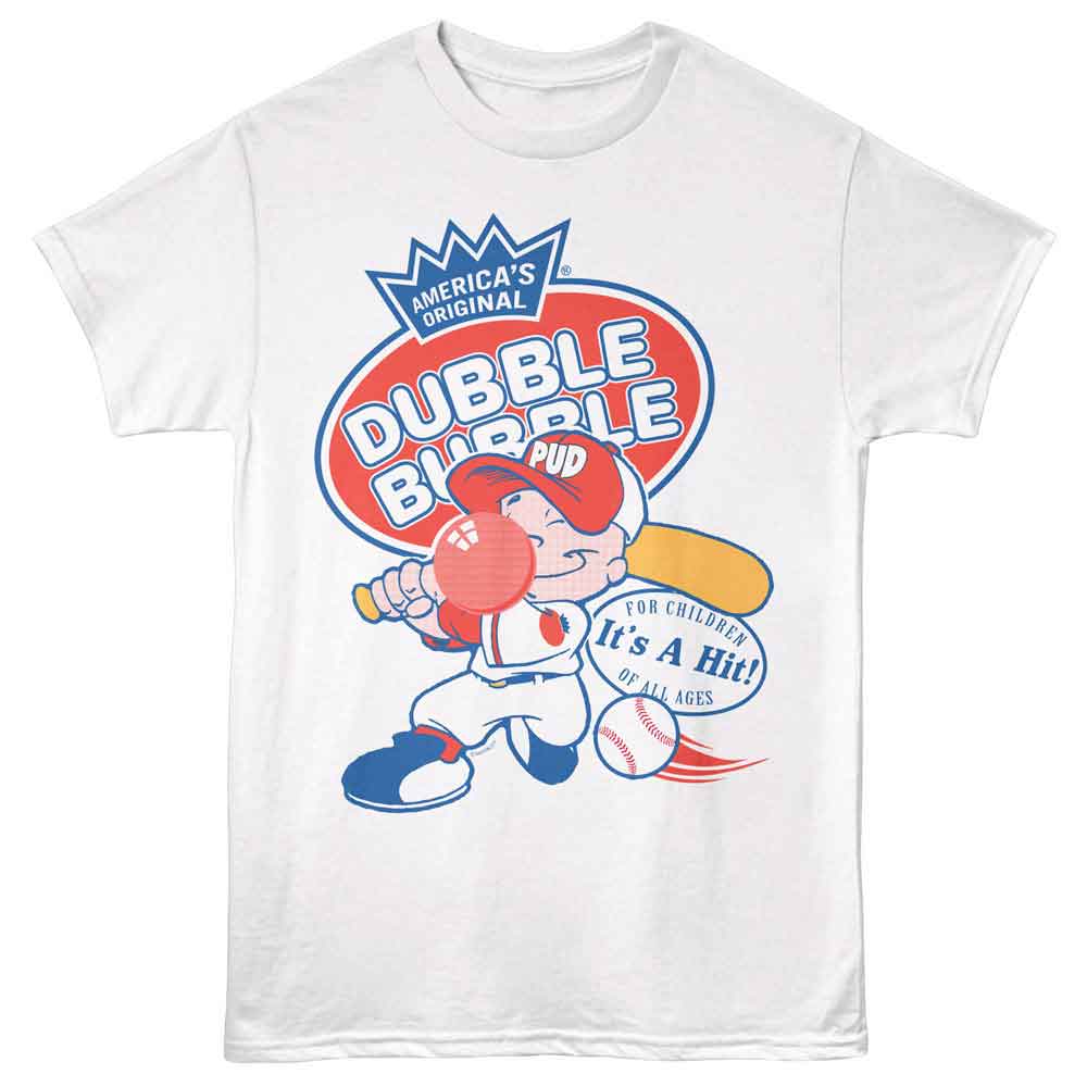White Dubble Bubble t-shirt featuring a Pud Baseball White design