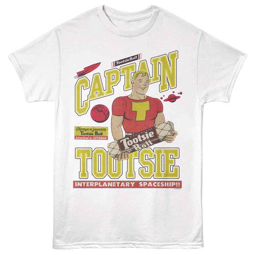 White Tootsie Roll t-shirt featuring a Captain Tootsie design