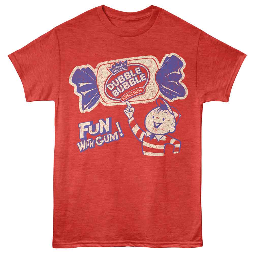 Red Heather Dubble Bubble t-shirt featuring a Fun with Gum design