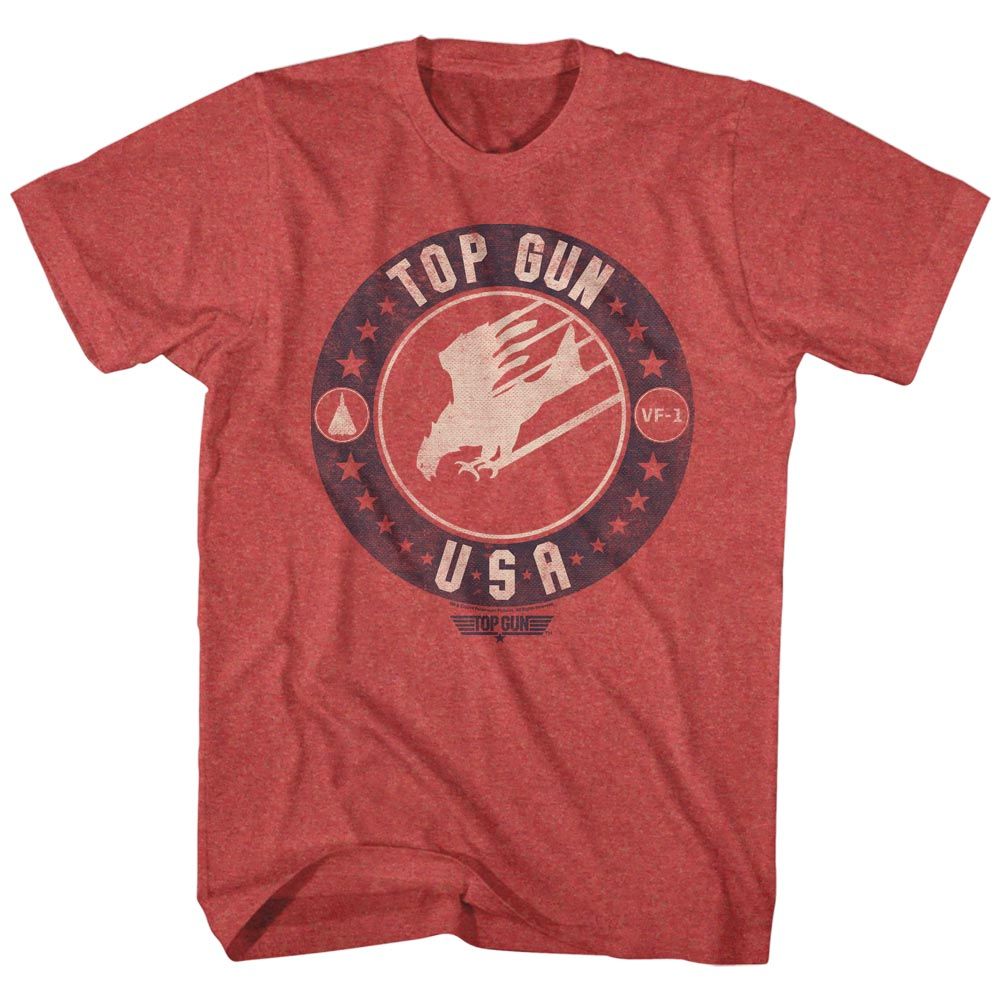 Red Heather Top Gun t-shirt featuring a Thunderbird USA design