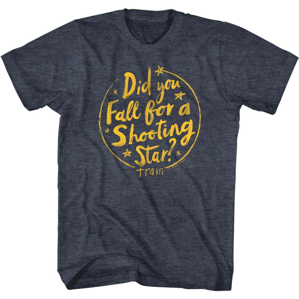 Navy Heather Train t-shirt featuring a Drops of Jupiter Lyrics design