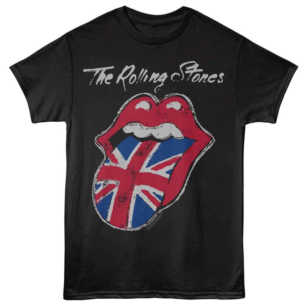 Black Rolling Stones t-shirt featuring a Painted UK Tongue design