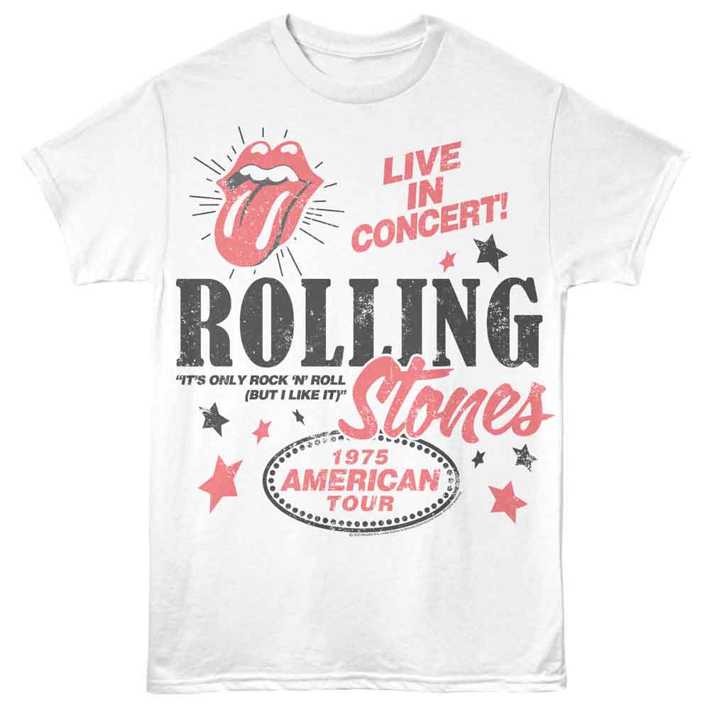 White Rolling Stones t-shirt featuring a 1975 American Tour design