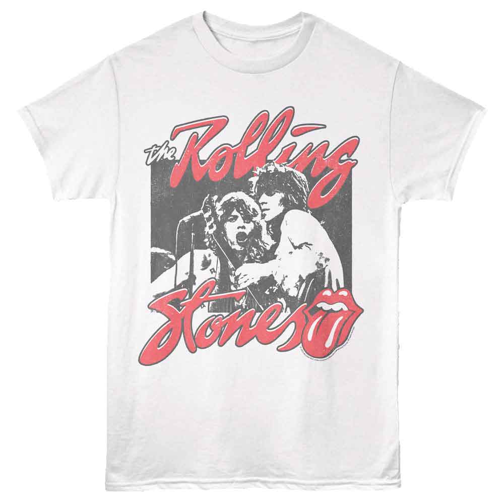 White Rolling Stones t-shirt featuring a Rolling Stones photo and logo design