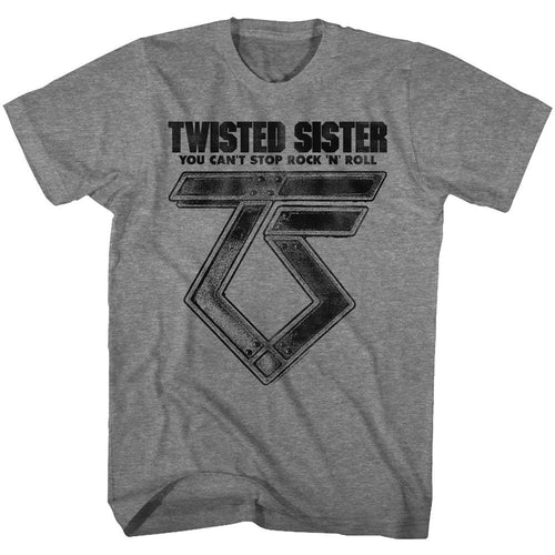 Graphite Heather Twisted Sister t-shirt featuring a Can't Stop Rock 'n' Roll design