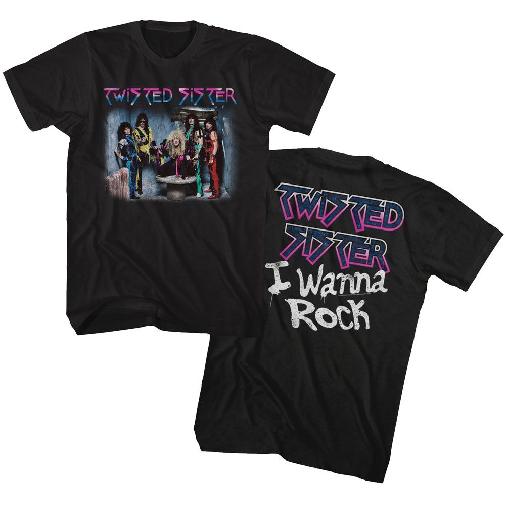 Black Twisted Sister t-shirt featuring an I Wanna Rock design