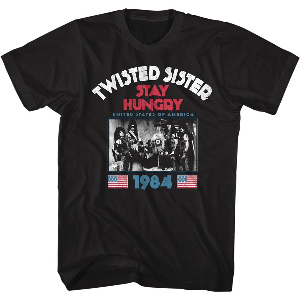 Black Twisted Sister t-shirt featuring a Stay Hungry Album design