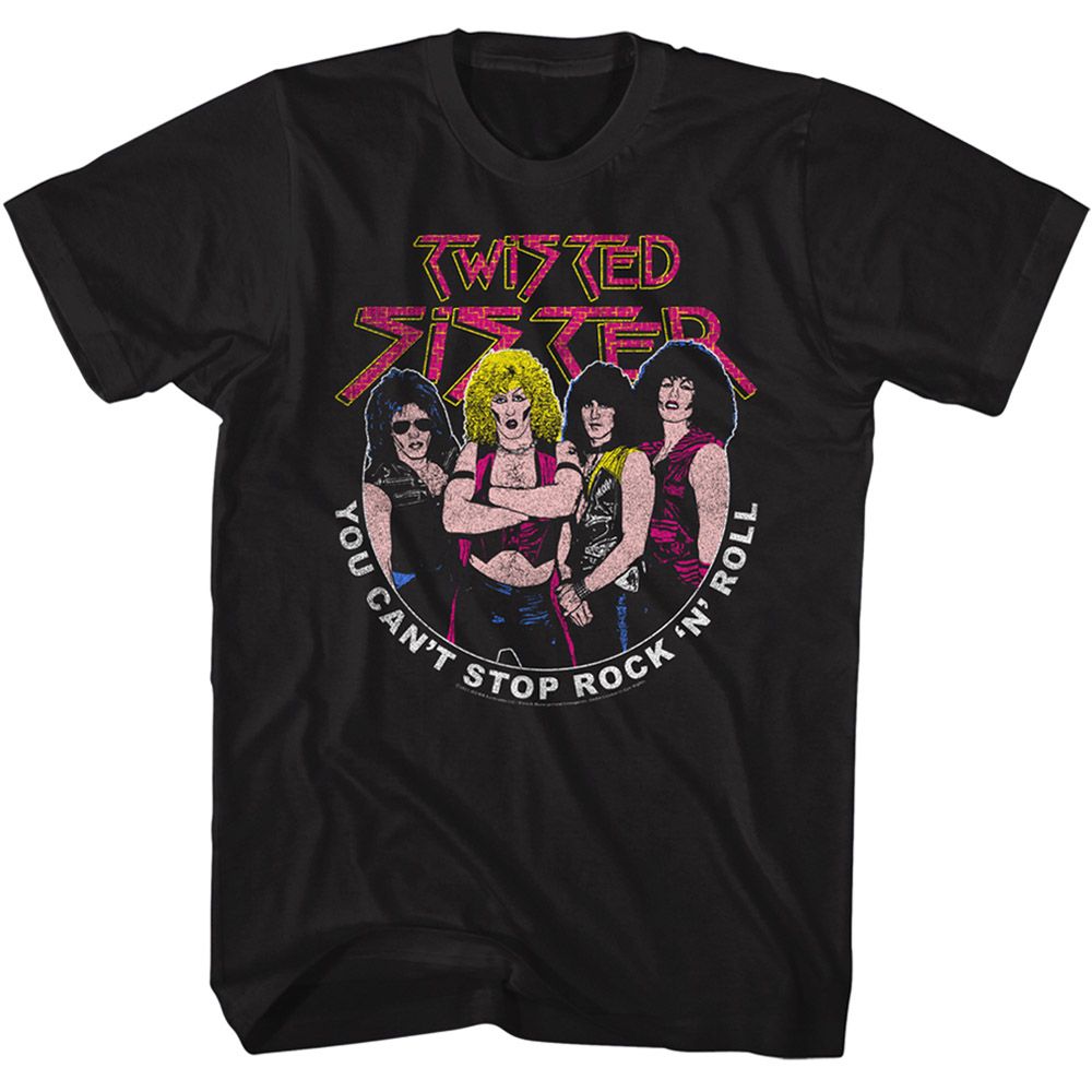 Black Twisted Sister t-shirt featuring a Can't Stop Rock design