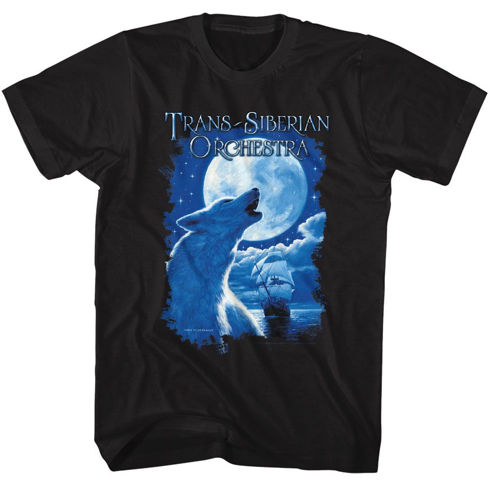 Black Trans-Siberian Orchestra t-shirt featuring a Night Ocean Wolf design
