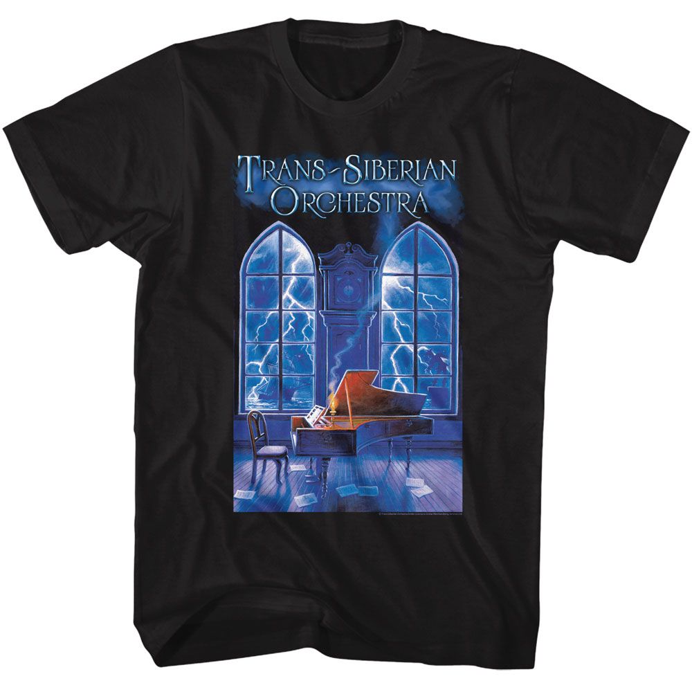 Black Trans-Siberian Orchestra t-shirt featuring a Stormy Piano Scene design