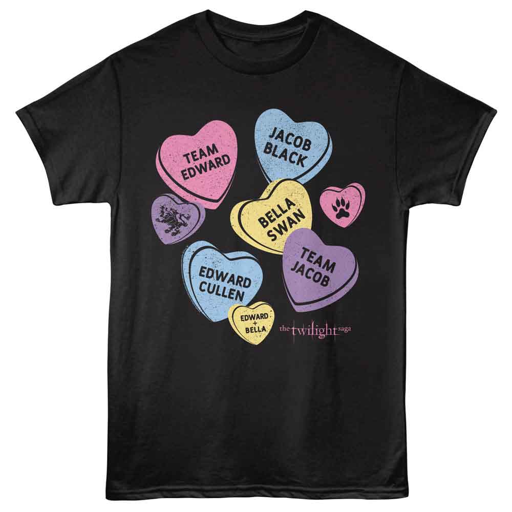 Black Twilight t-shirt featuring a Multi Color Candy Hearts design