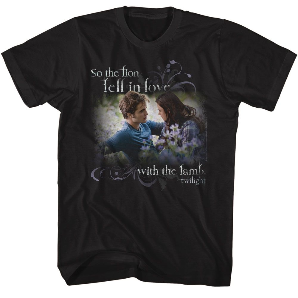 Black Twilight t-shirt featuring a Lion in Love with the Lamb design