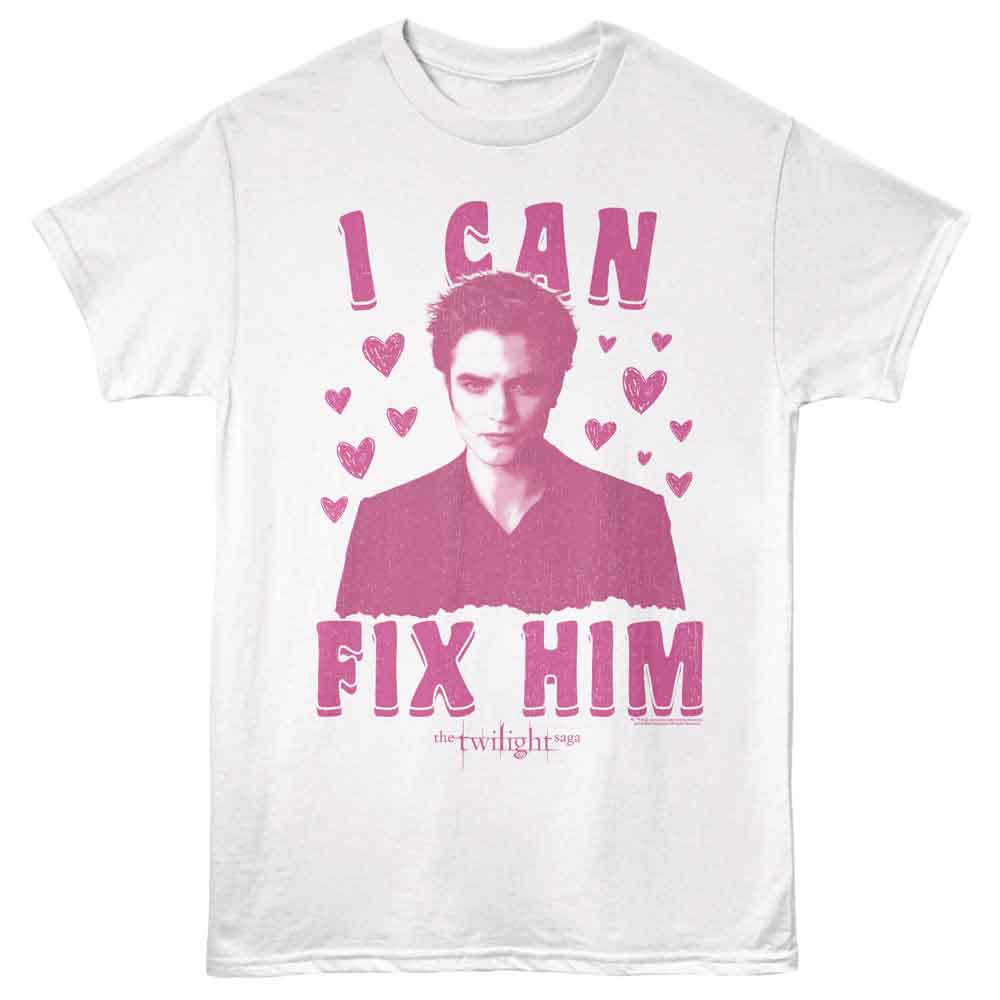 White Twilight t-shirt featuring a Fix Him Sketchy Hearts design