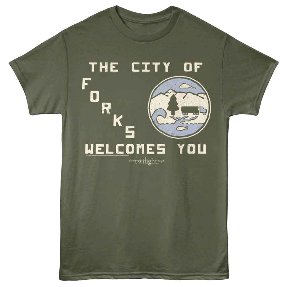 Military Green Twilight t-shirt featuring a Forks Welcome design