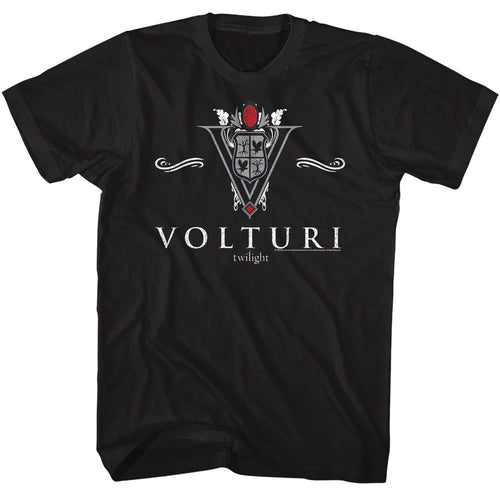 Black Twilight t-shirt featuring a Volturi Collegiate design