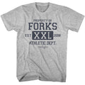 Gray Heather Twilight t-shirt featuring a Forks Athletic Dept design