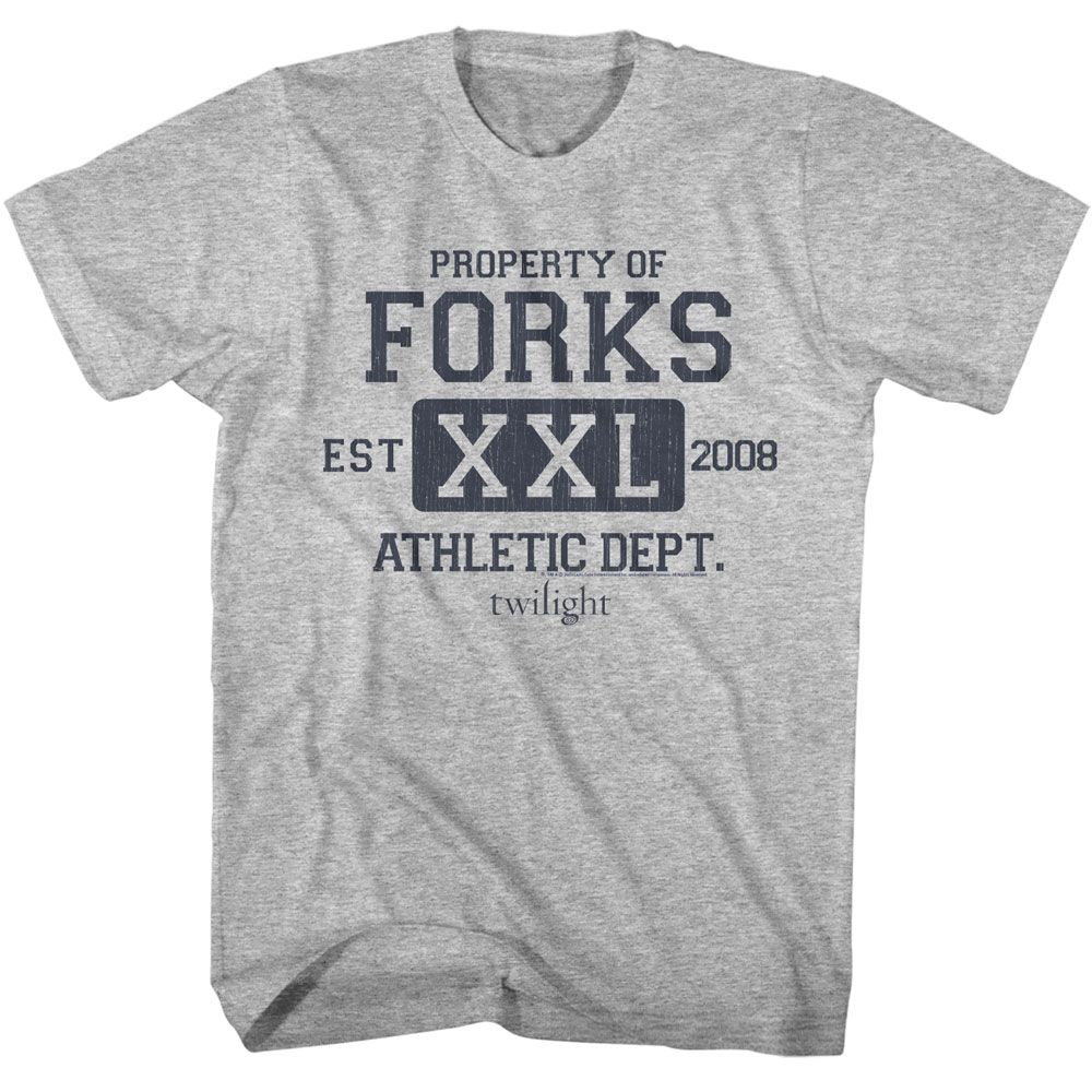 Gray Heather Twilight t-shirt featuring a Forks Athletic Dept design
