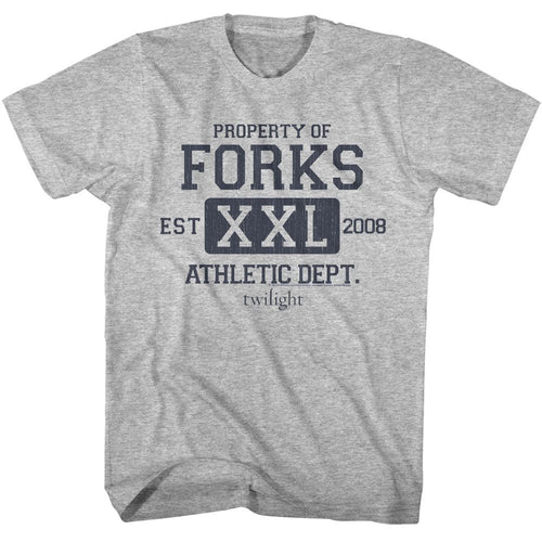 Gray Heather Twilight t-shirt featuring a Forks Athletic Dept design