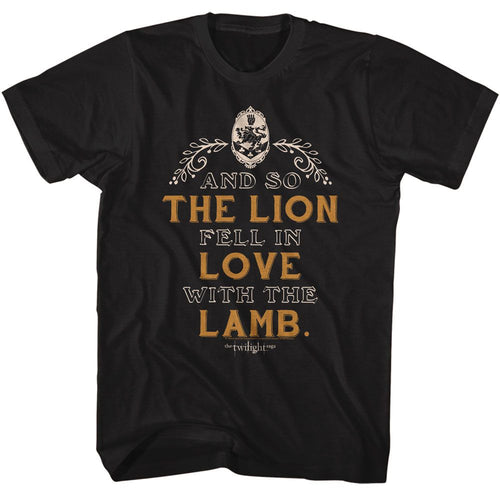 Black Twilight t-shirt featuring a Lion Lamb Quote design