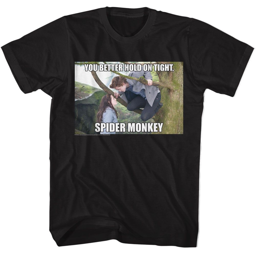Black Twilight t-shirt featuring a Hold on Tight Spider Monkey design