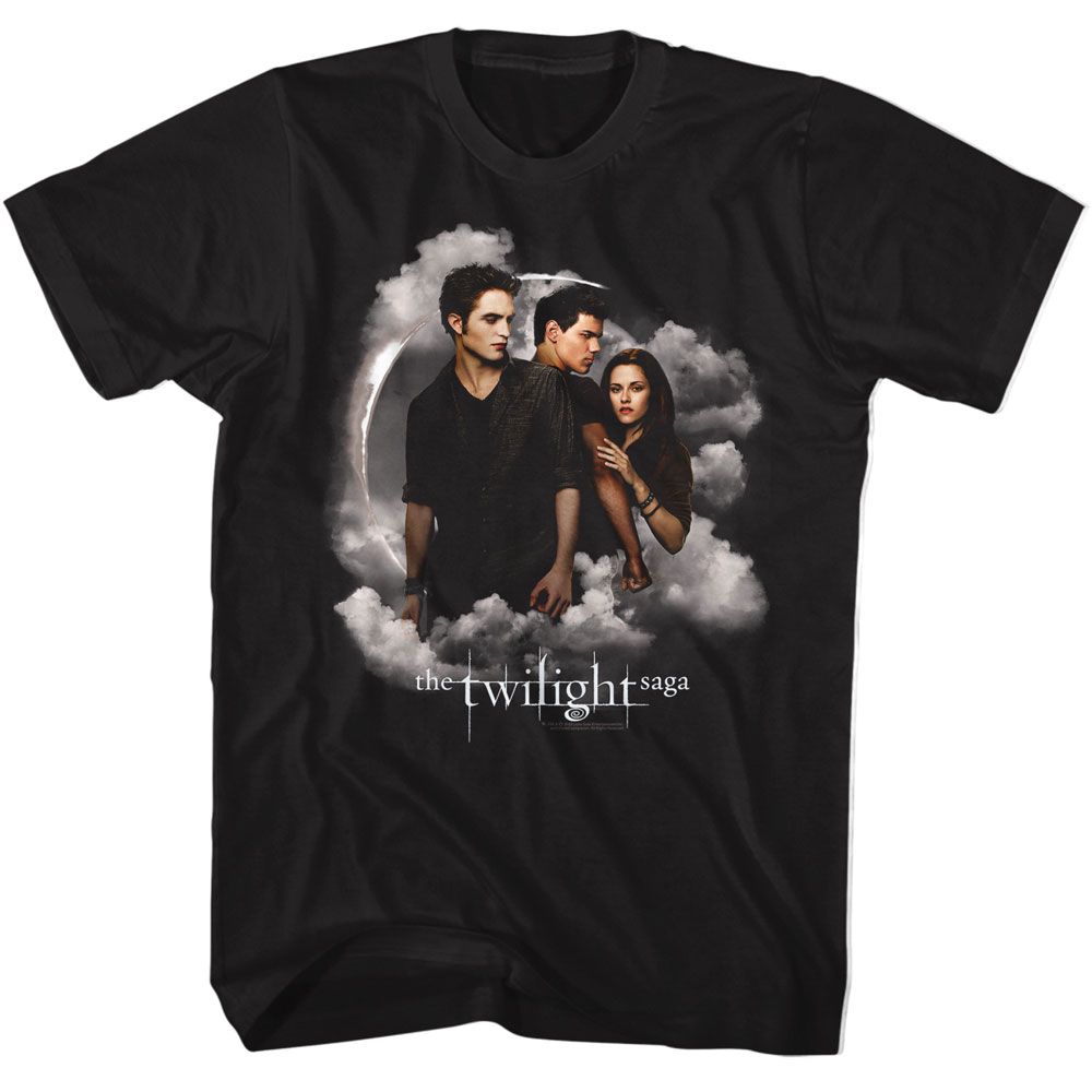 Black Twilight t-shirt featuring a Jacob Bella Edward Clouds design