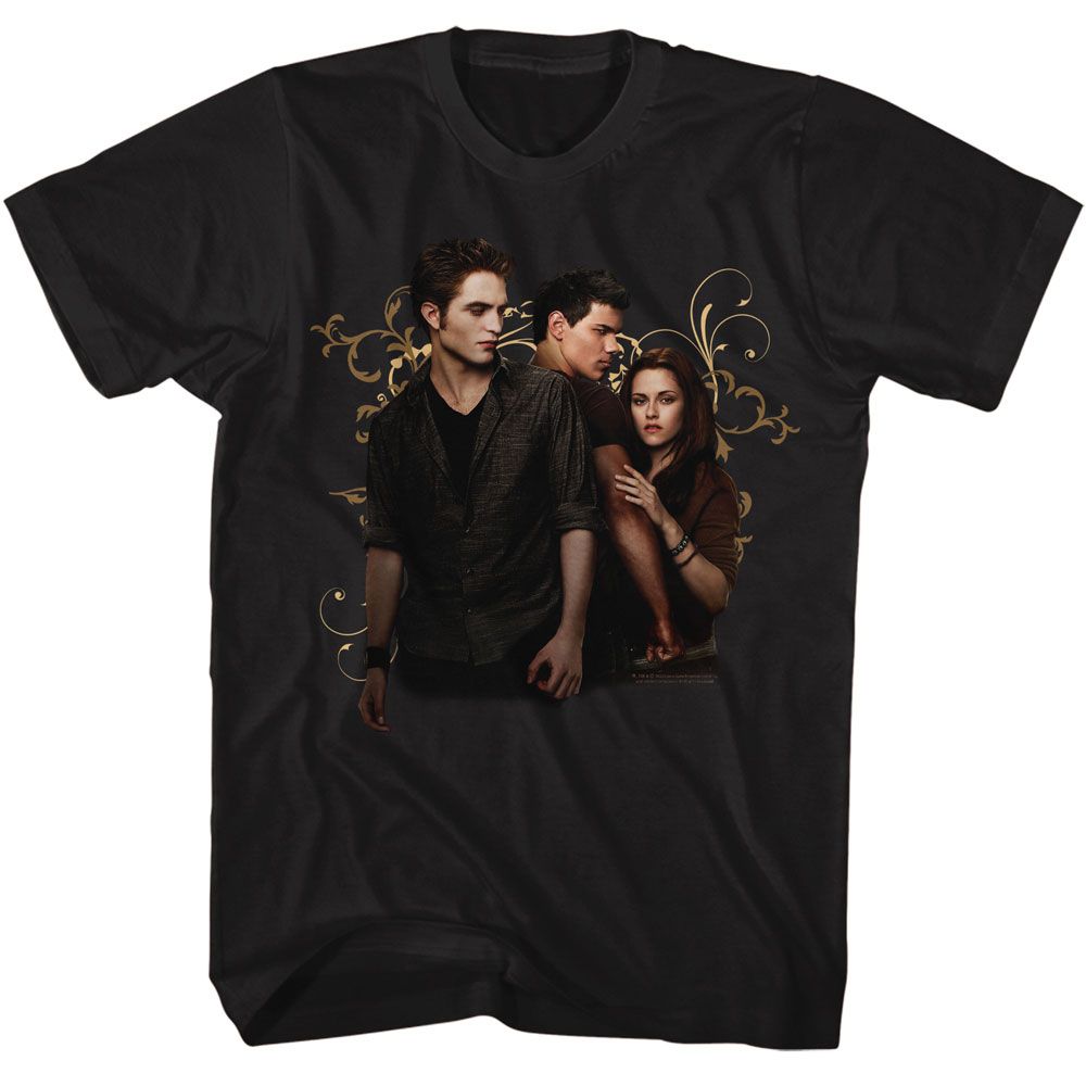 Black Twilight t-shirt featuring an Edward Jacob Bella Swirls design