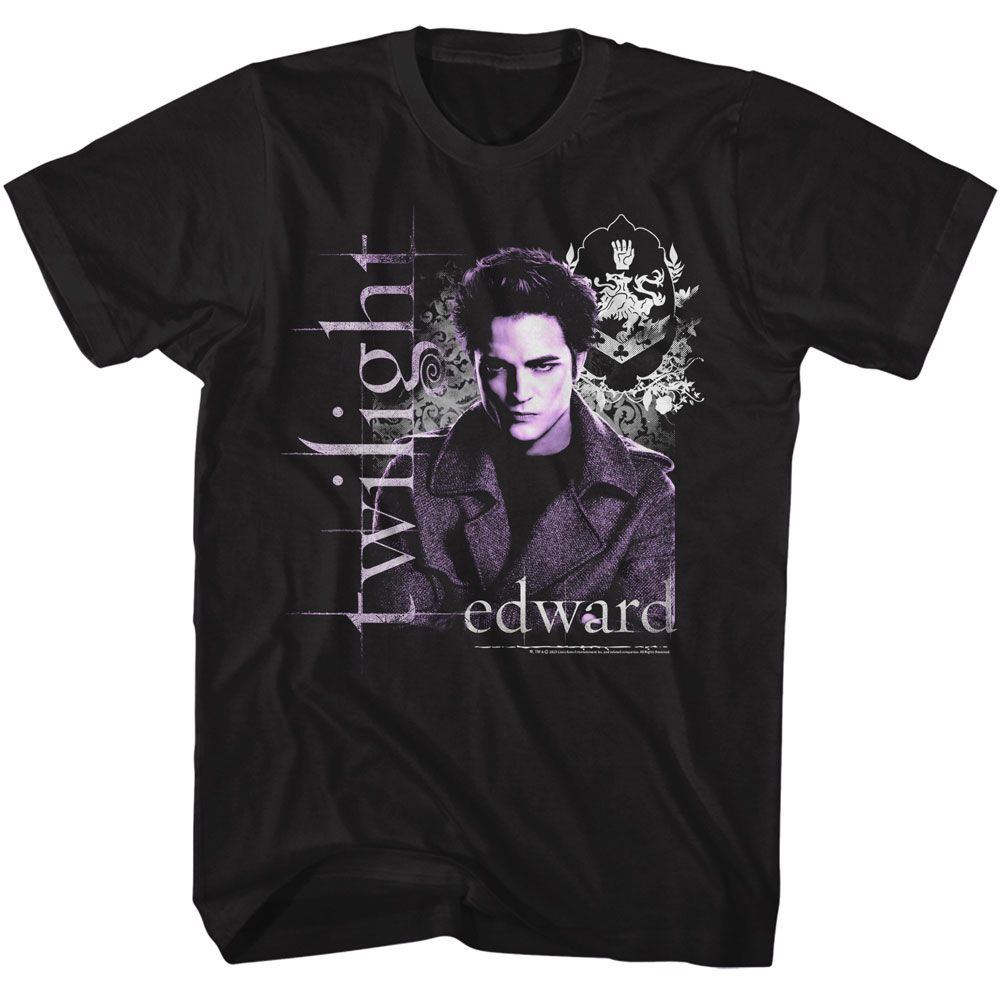 Black Twilight t-shirt featuring an Edward and Crest design